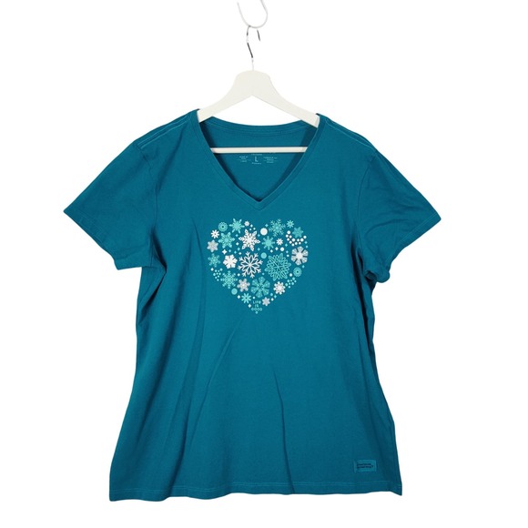 Life is Good Crusher Snowflake Heart‎ VNeck Short Sleeve Top Turquoise Womens L - Picture 2 of 7